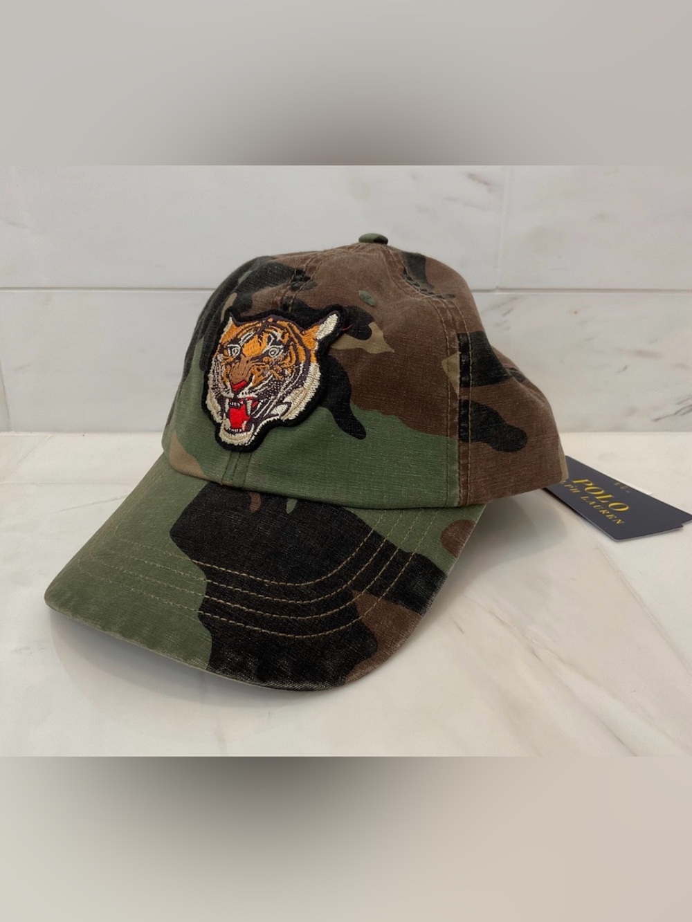 NWT Polo Ralph Lauren Camo Embroidered TIGER HEAD PATCH Baseball Cap Hat